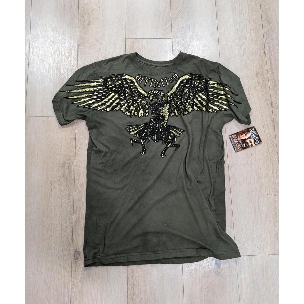 NWT Mens AFFLICTION Y2K Green Gold Black Foil Velvet Graphic Eagle Shirt Size L